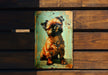 a picture of a dog on a wooden wall