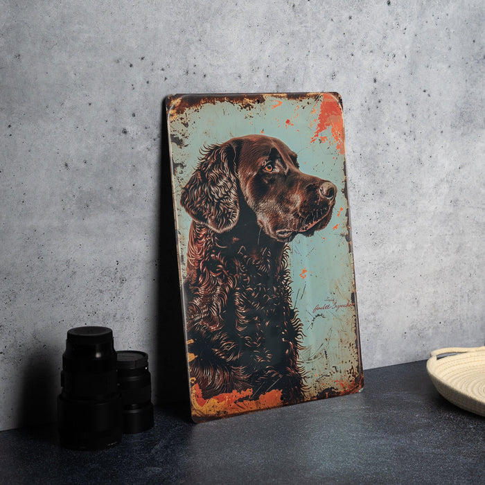 a painting of a dog on a wall next to a plate