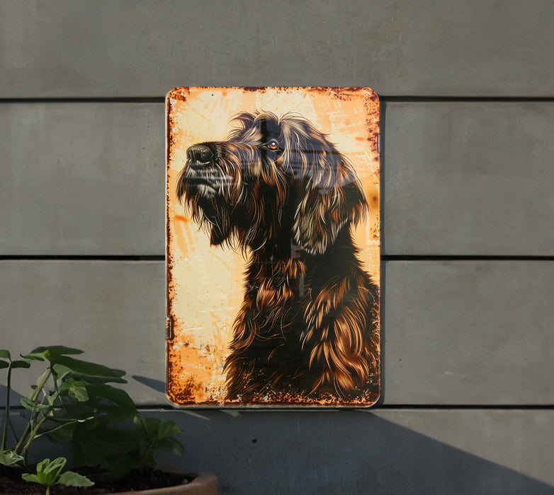 a painting of a dog on a rusted metal sign