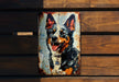 a painting of a dog on a wooden bench