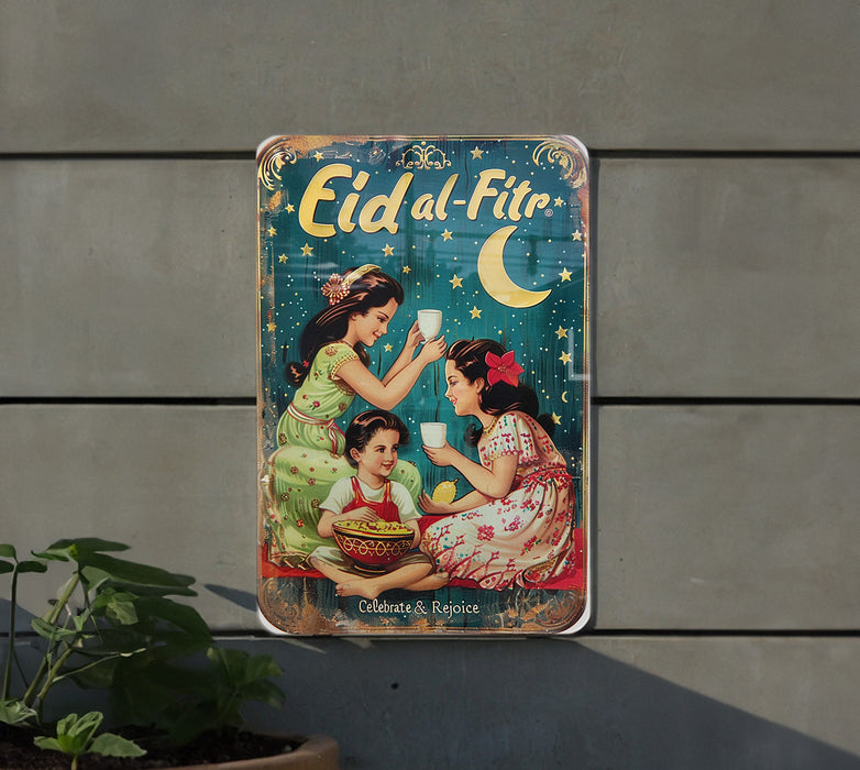 a metal sign with a picture of two girls on it