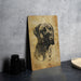 a picture of a dog on a wooden plaque