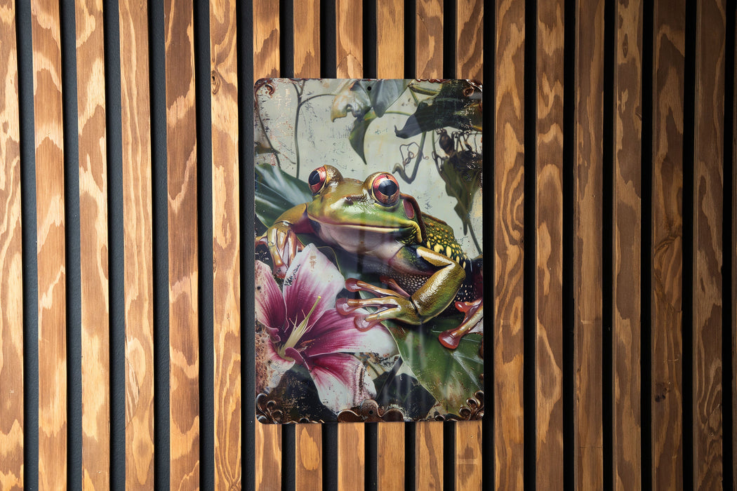 a picture of a frog on a wooden wall
