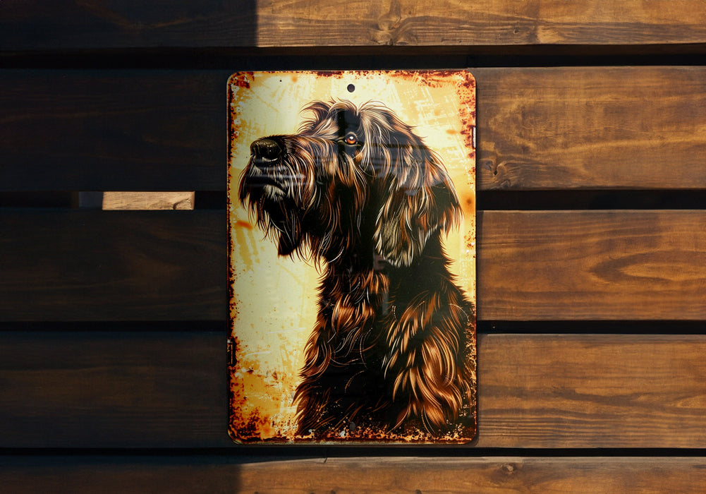 a picture of a dog on a metal plaque