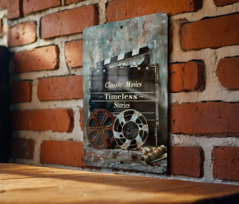a wooden table with a sign on it