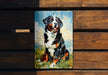 a painting of a dog on a wooden bench