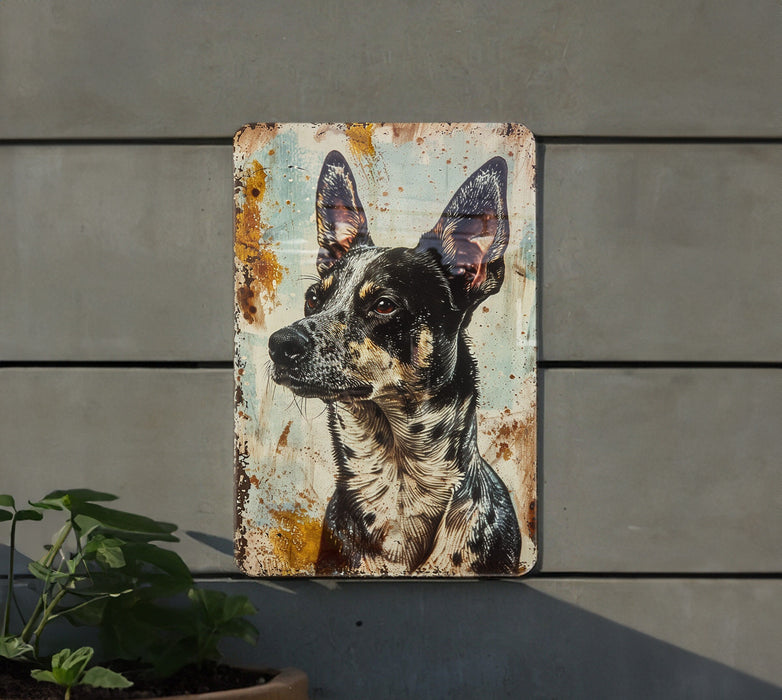 a painting of a dog on a rusted metal sign