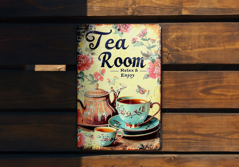 a tea room sign on a wooden bench