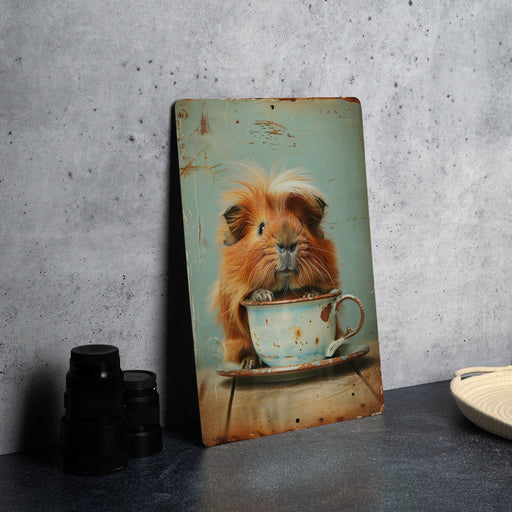 a painting of a guinea pig holding a cup of coffee
