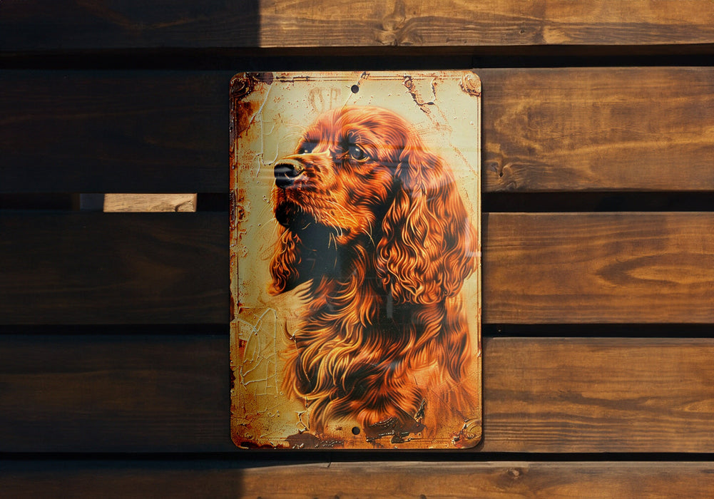 a rusted metal sign with a picture of a dog on it