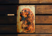 a rusted metal sign with a picture of a dog on it