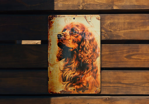 a rusted metal sign with a picture of a dog on it