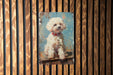 a painting of a white dog on a wooden wall