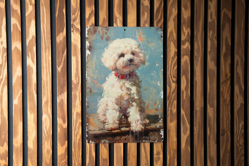 a painting of a white dog on a wooden wall