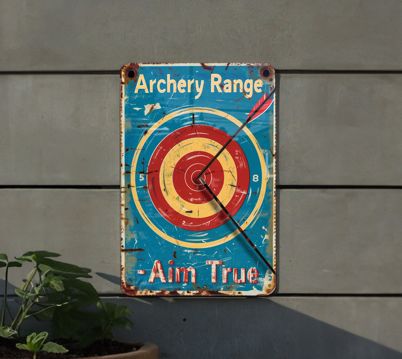 a blue sign with a red and yellow arrow on it
