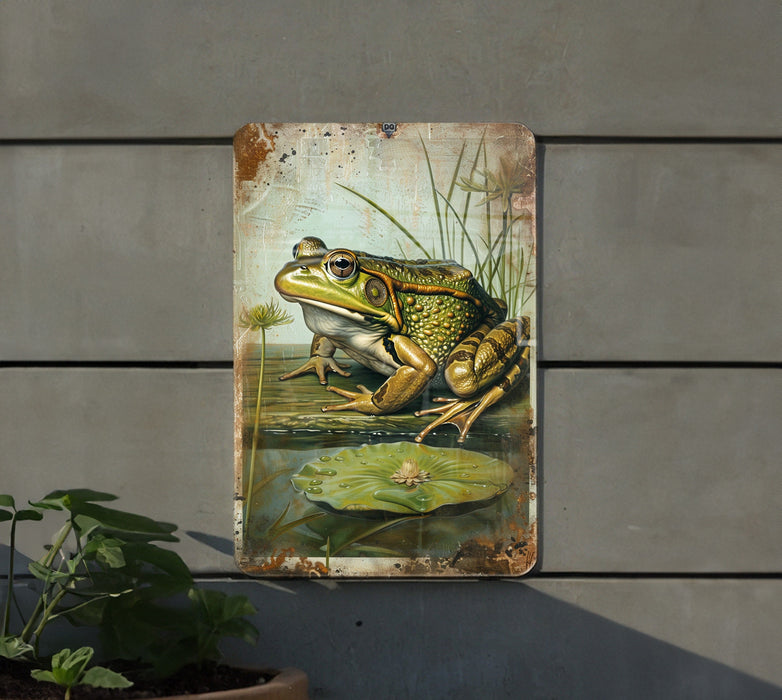 a frog sitting on top of a wooden sign next to a potted plant