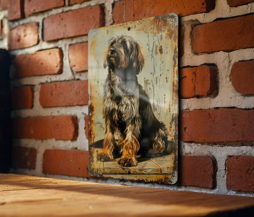 a picture of a dog is hanging on a brick wall