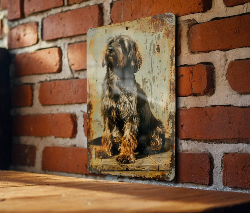 a picture of a dog is hanging on a brick wall