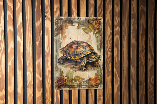 a painting of a turtle on a wooden wall