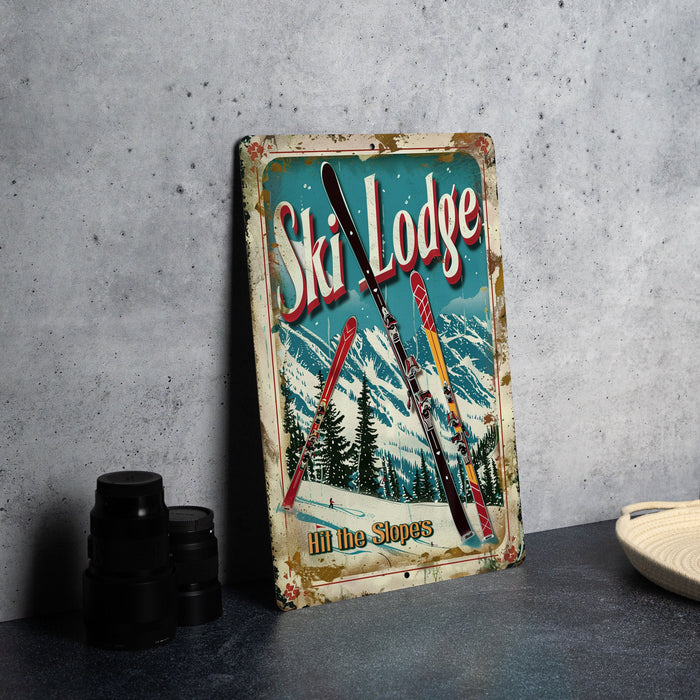 a ski lodge sign sitting on top of a table