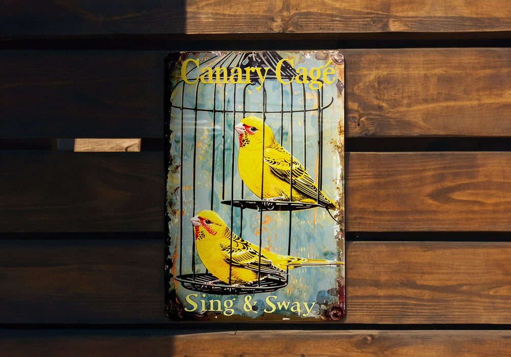a yellow bird in a cage on a wooden wall