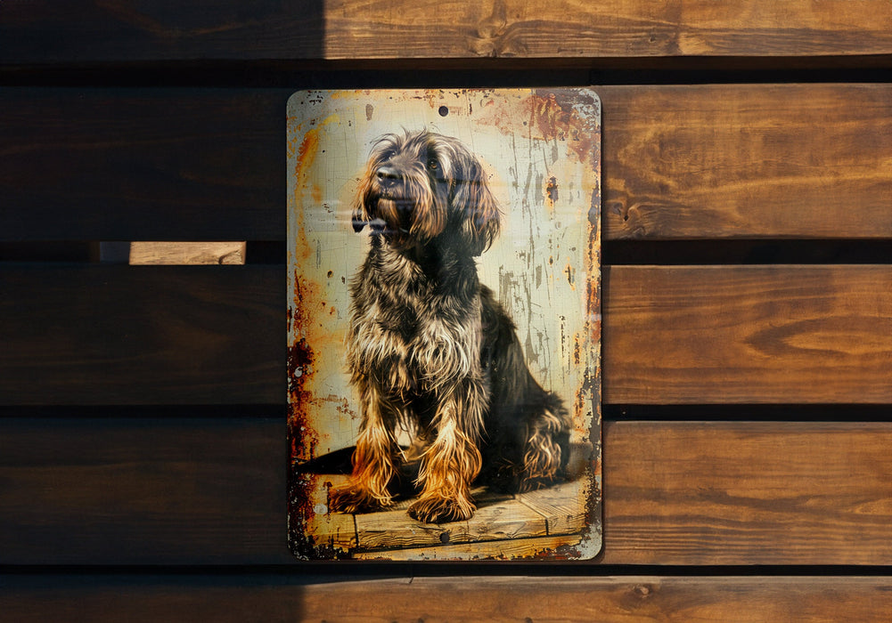 a picture of a dog on a rusted metal sign