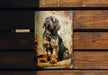 a picture of a dog on a rusted metal sign
