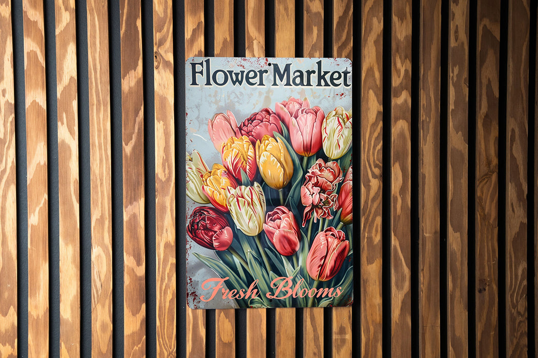 a flower market sign hanging on a wooden wall