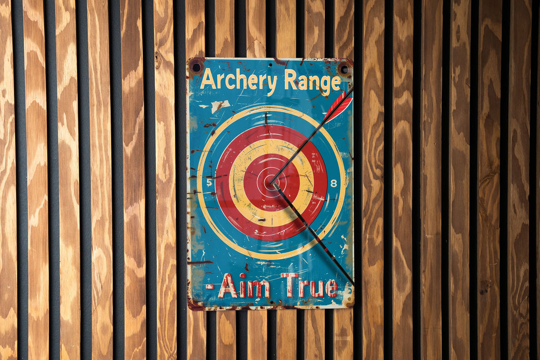 a wooden wall with a sign that says archery range aim true