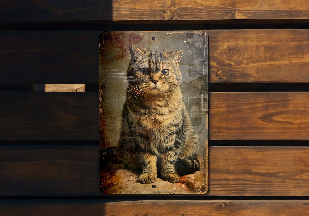 a picture of a cat sitting on a wooden bench