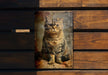 a picture of a cat sitting on a wooden bench