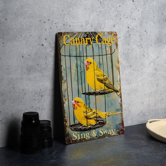 a yellow bird sits in a cage on a table