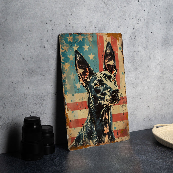 a picture of a dog on a wooden sign