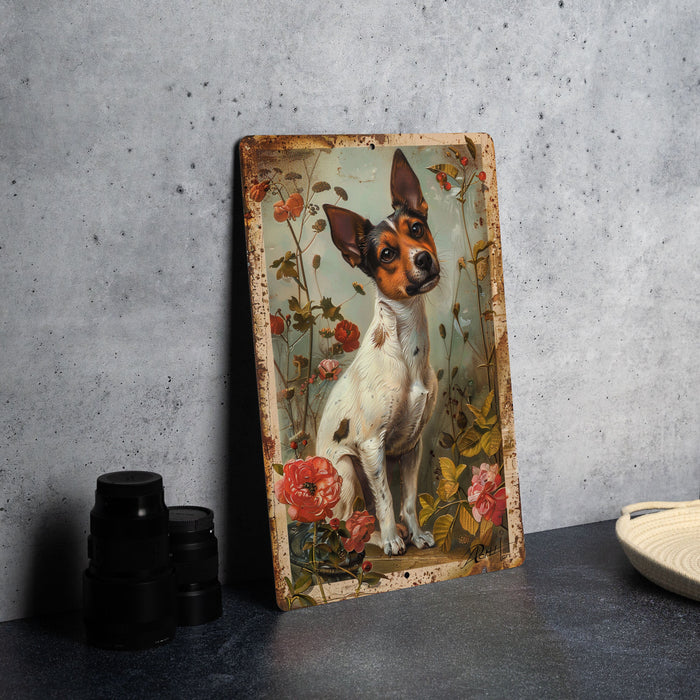a painting of a dog on a wall next to a plate
