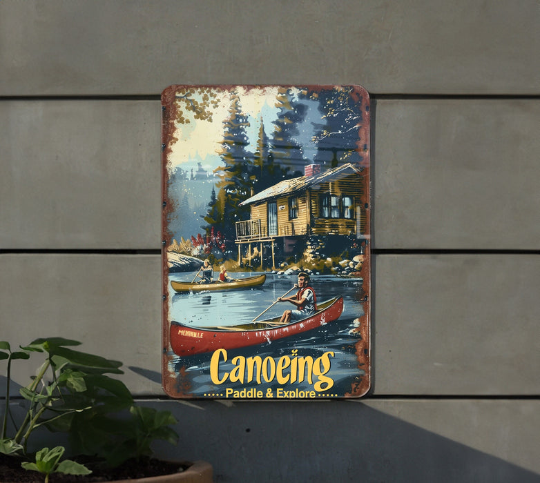 a sign on the side of a building advertising canoeing
