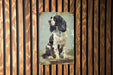 a picture of a dog on a wooden wall