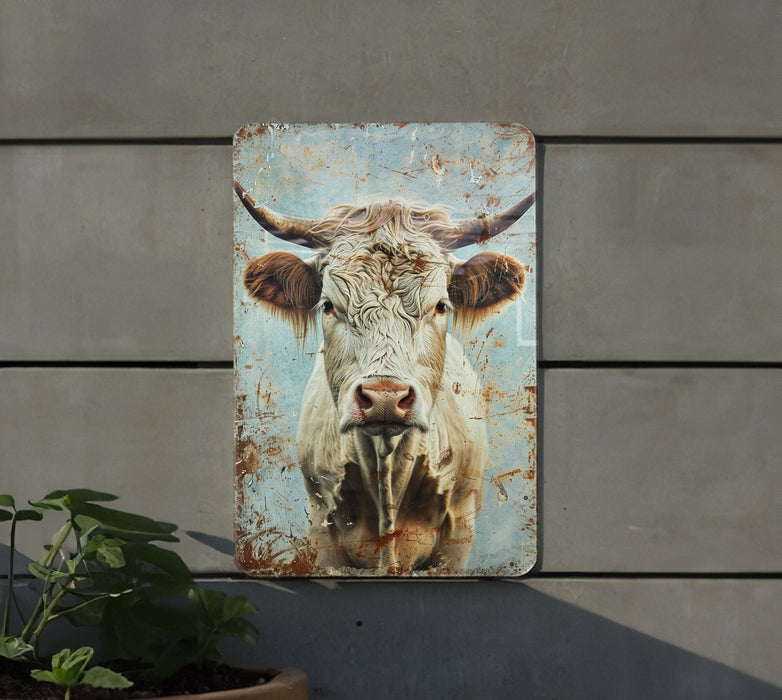 a painting of a cow on a wall next to a potted plant