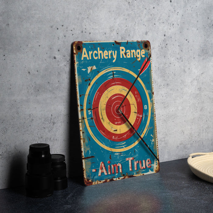 there is a sign that says archery range aim true