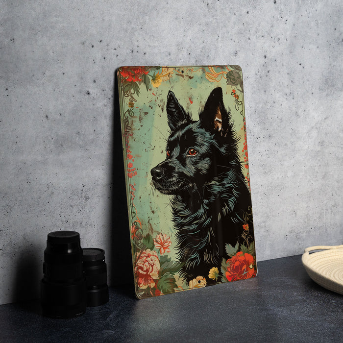 a painting of a black dog on a green background