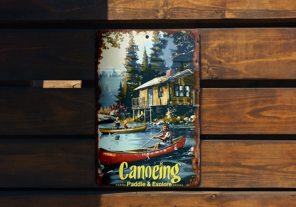 a picture of a canoers paddling in front of a cabin