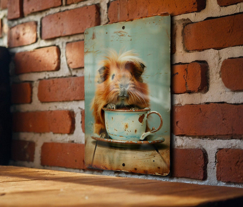 a picture of a dog in a cup on a brick wall