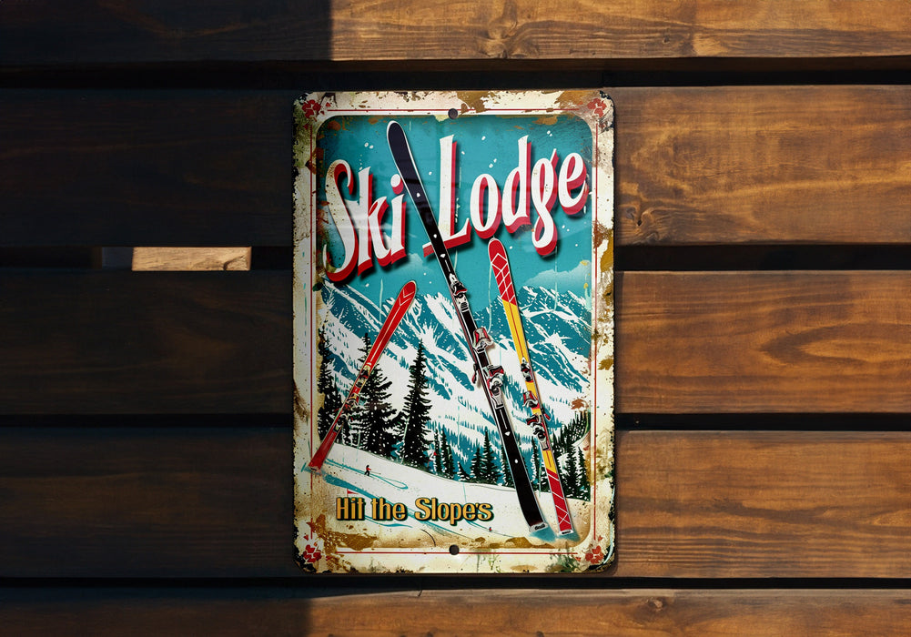 a ski lodge sign hanging on a wooden wall