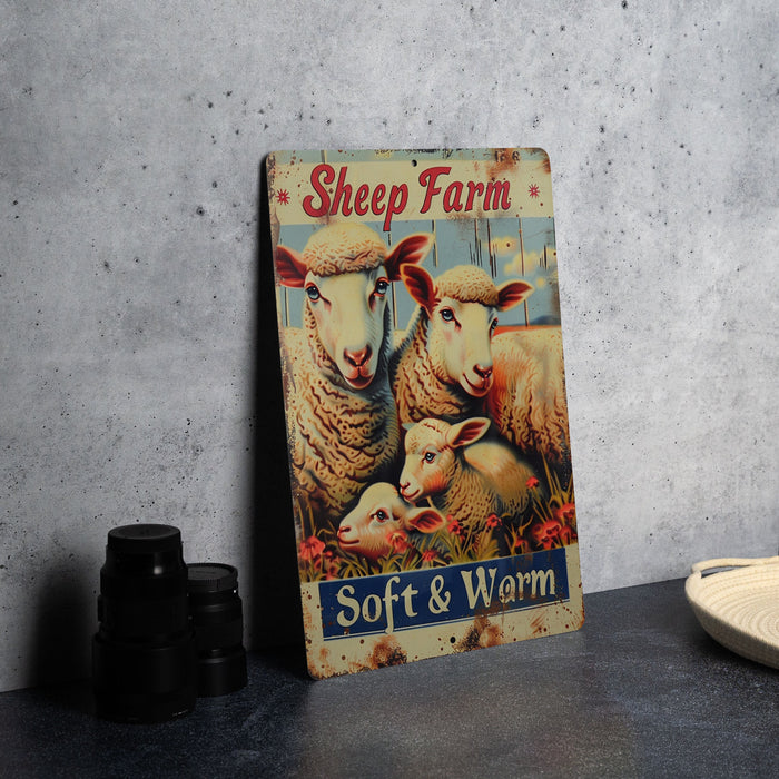 a sheep farm sign sitting on a table next to a plate