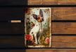 a picture of a dog on a wooden wall