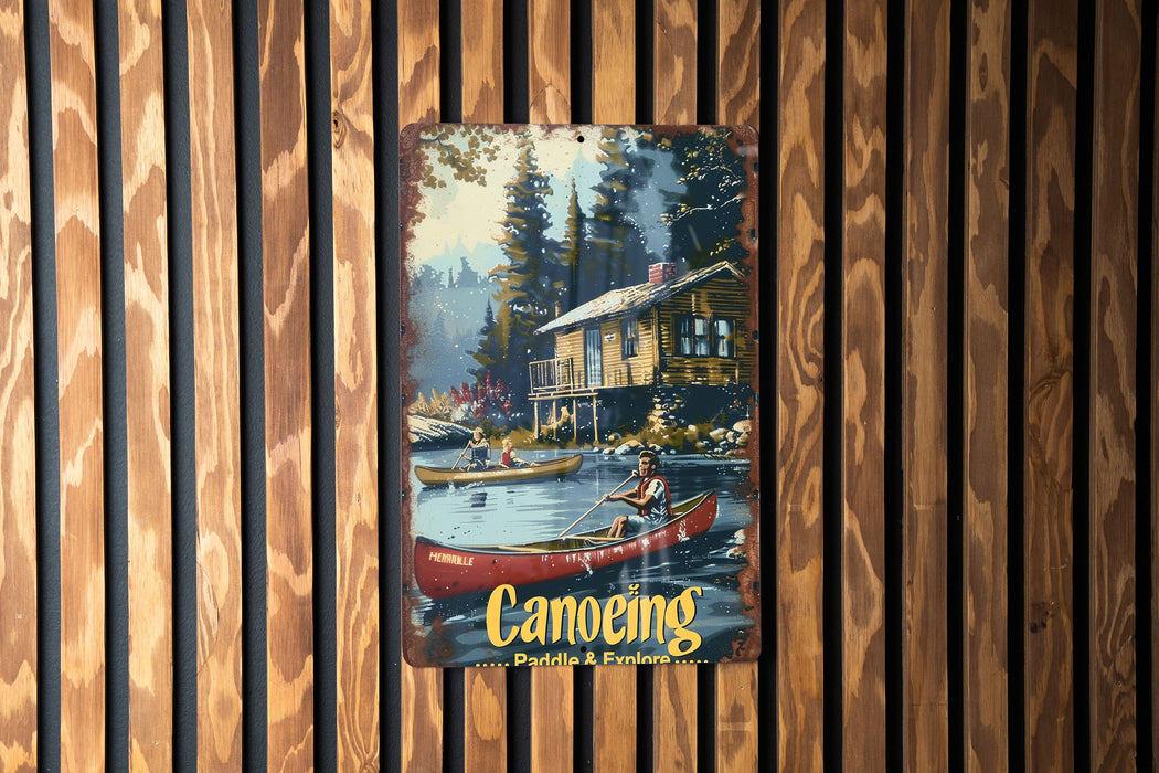 a picture of a canoe on a wooden wall