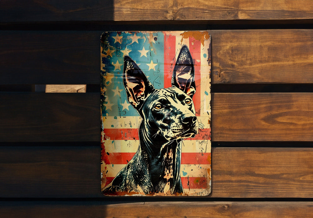 a picture of a dog with an american flag background