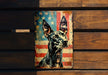 a picture of a dog with an american flag background
