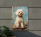 a painting of a white dog on a blue background