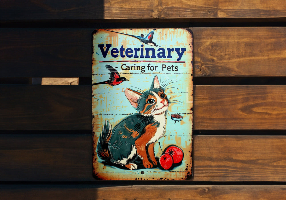 a wooden sign with a cat on it that says veterinary caring for pets