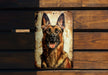 a picture of a german shepard on a wooden wall